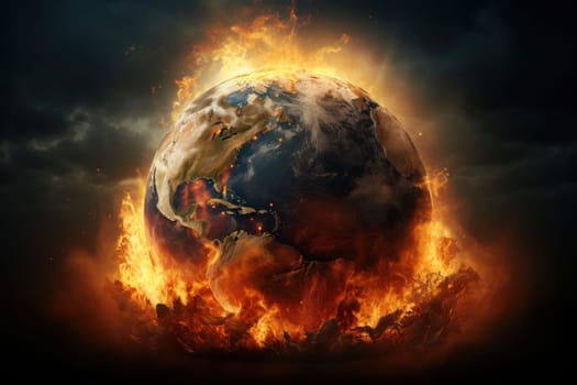 Planet Earth burning, global warming concept. Generative AI.