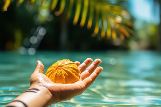 Half of an orange tropical fruit in a hand over blue water. Summer holiday concept.