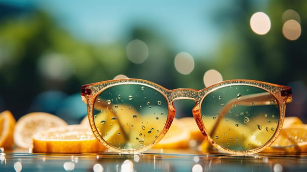 Sunglasses on a blurred summer background with golden bokeh. Summer background.