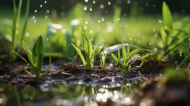 Green grass on a meadow with drops of water dew in the morning light in spring, summer outdoors. Close up, panorama.