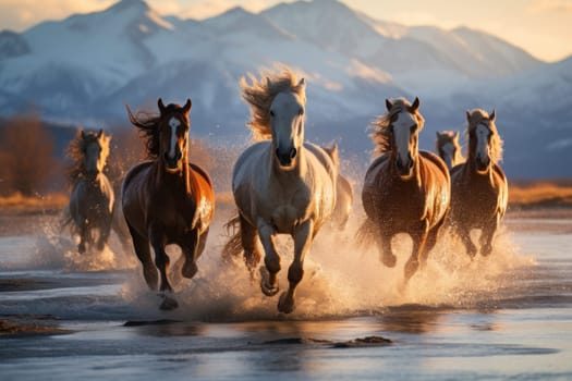 A majestic herd of wild horses galloping freely through a landscape. Generative AI.