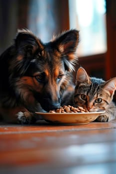 a dog and a cat eat from the same plate. Selective focus. food.