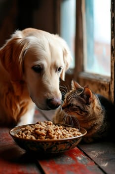a dog and a cat eat from the same plate. Selective focus. food.