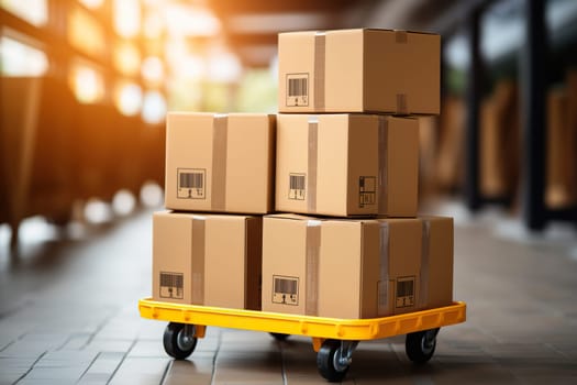 Yellow trolley with cardboard boxes in a warehouse with bokeh background. The concept of logistics of cargo, parcels.