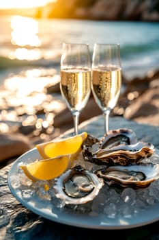 Oysters glasses with wine on the seashore. Selective focus. Food.