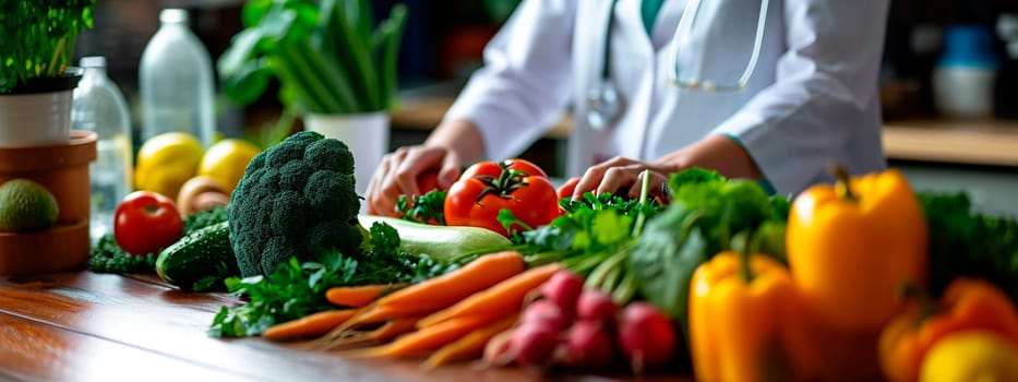 Nutritionist on a background of vegetables. Selective focus. Food.