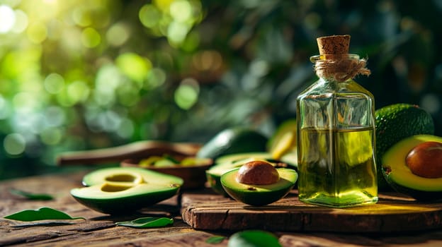 Avocado oil on a table in the garden. Selective focus. Food.