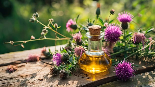 Milk thistle oil on a table in the garden. Selective focus. Food.