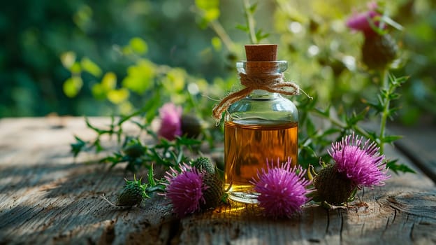 Milk thistle oil on a table in the garden. Selective focus. Food.