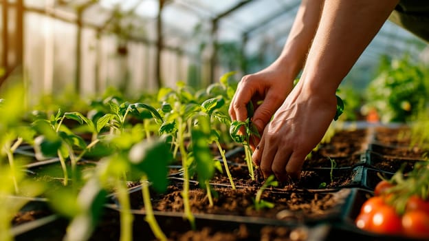 a man plants seedlings in a greenhouse. Selective focus. Nature.