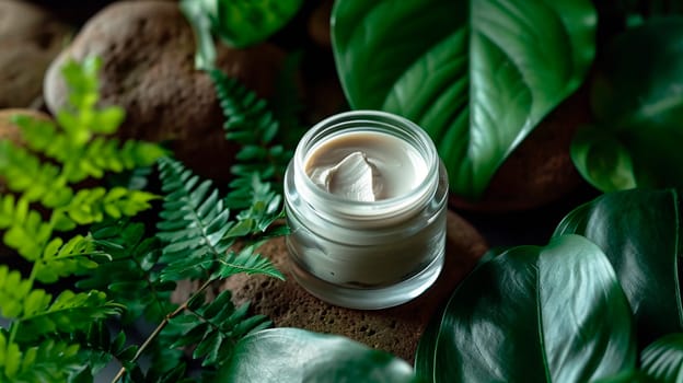 Cosmetics cream on a background of leaves. Selective focus. Nature.