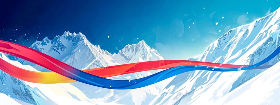 snowy mountain landscape with vibrant red, yellow, and blue ribbons streaming across a clear sky, evoking the dynamic spirit of a winter sports event, banner
