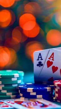 two aces, one of clubs and one of hearts, with a stack of colorful poker chips in the background, all set against a bokeh of warm lights creating a rich casino atmosphere, vertical, copy space
