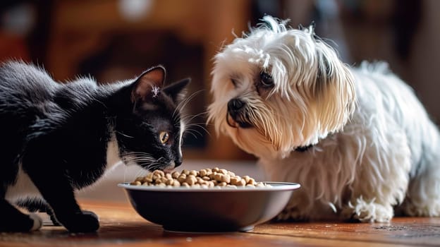 A dog and a cat eat from the same plate. Selective focus. Food.