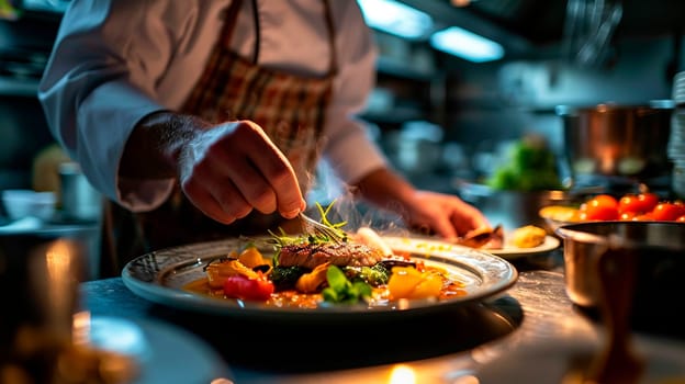 The chef makes a presentation of the dish. Selective focus. Food.