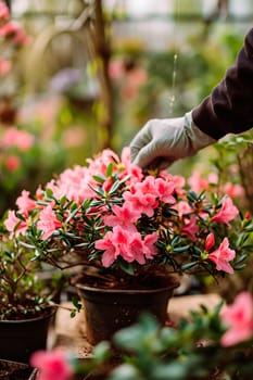 A gardener takes care of azaleas in the garden. Selective focus. Nature.