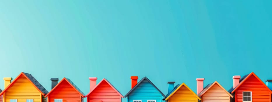cartoon-style houses with vibrant red, orange, blue, and yellow facades under a clear turquoise sky, symbolizing a diverse and cheerful neighborhood or the concept of a lively real estate market.