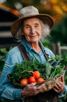 An old woman with a harvest of vegetables in the garden. Selective focus. Food.