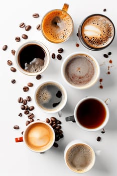 Different cups of coffee top view. Selective focus. Drink.