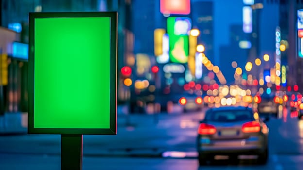 urban night scene with a green screen on a street-side advertising banner, blurred city lights and traffic in the background, creating a bokeh effect