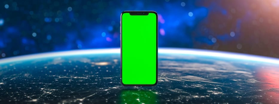 smartphone with a green screen in the foreground, set against a backdrop of a highly detailed, illuminated Earth from space, with bokeh light effects enhancing the cosmic atmosphere, banner