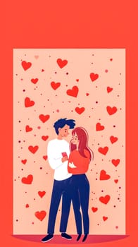 valentine's day,couple embracing, surrounded by a flurry of hearts on a warm peach to red gradient background, conveying love and affection, with ample space for text above them, vertical