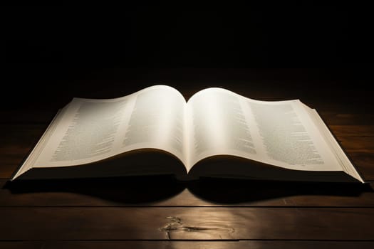 An open book of the Bible on a dark background on a wooden table.
