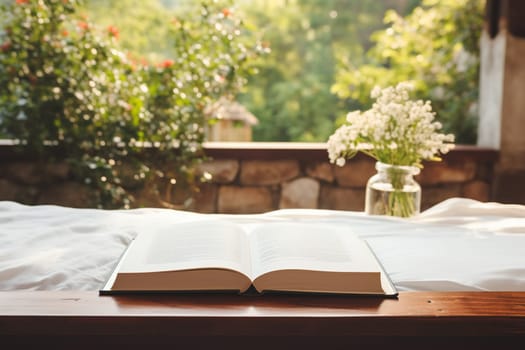 An open book on a bed with a natural bokeh background. Relaxation concept.