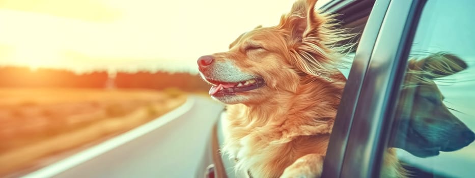 dog with its head out of a car window, enjoying the wind on a sunny day, set against a blurred landscape and sunset, conveying a sense of freedom and happiness, banner with copy space