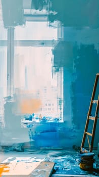 painting scene within an indoor setting. window partially covered with strokes of blue and white paint, a ladder, and a paint can in a room to be under renovation or being creatively repurposed