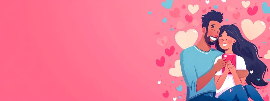 couple sharing a moment with a smartphone, surrounded by hearts on a pink background, capturing the essence of modern love and connection in the digital age. banner with copy space