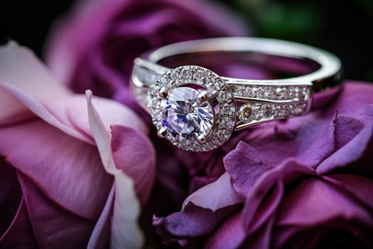 Luxurious silver ring with a precious stone on a lilac flower.