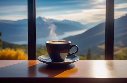 Close-up of a cup of hot coffee with a beautiful view of the mountain landscape outside the window.