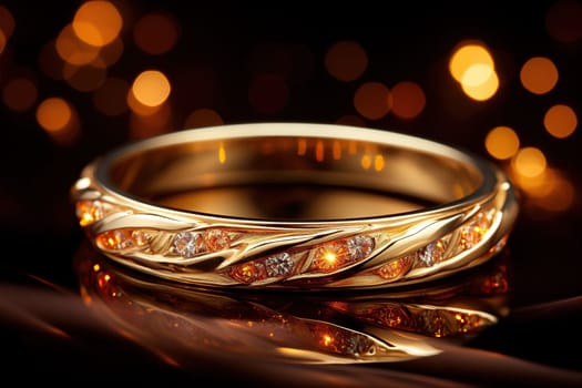 Gold ring with precious stones on a dark background with golden bokeh.