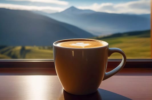 Close-up of a cup of hot coffee with a beautiful view of the mountain landscape outside the window.
