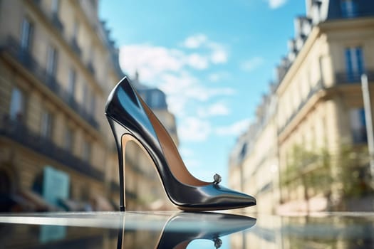 Beautiful elegant women's shoes made of black leather with high heels, standing on a mirror surface. Festive women's shoes. Side view.