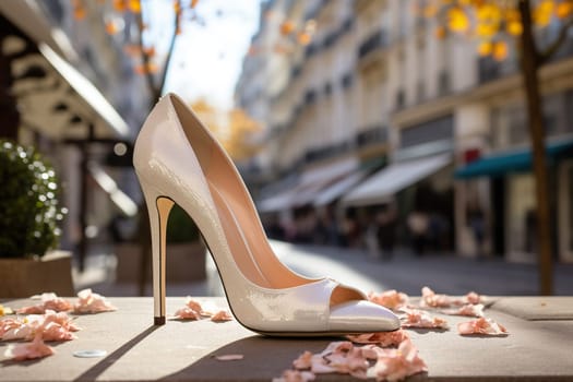 Beige women's high-heeled shoes a city bokeh background.