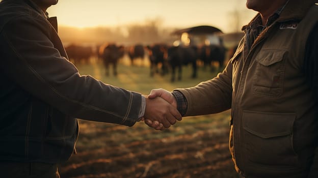 Close up of handshake of two men farmers against the background with grazing brown cows, at sunset.