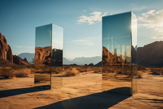 Large mirror in the desert with reflection.