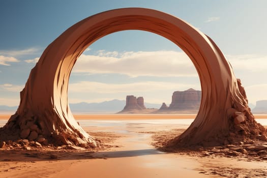 A natural sand arch in the middle of the desert overlooking a canyon.