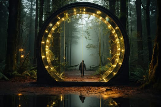 Glowing portal in an eerie foggy forest, science fiction concept.