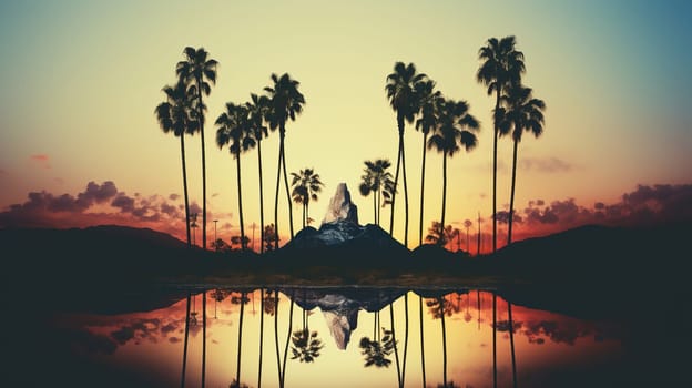 Silhouettes of palm trees at sunset, dawn with reflection in the water.