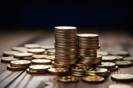 Stacks of metal coins on a wooden table on a dark background. Budget, finance concept.