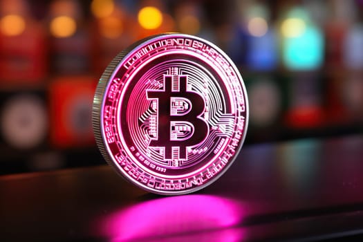 Coin with a bitcoin sign in neon light with bokeh background.