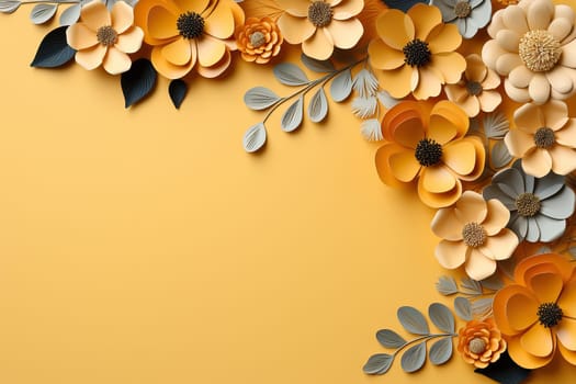 Spring, summer yellow background with cut paper style flowers and place for text.