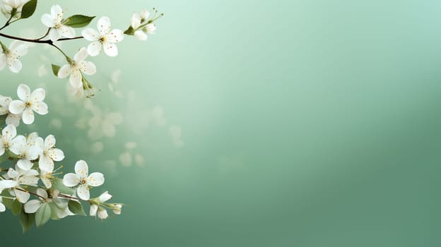 Spring green bokeh background with cherry blossom branch. Spring, summer background.