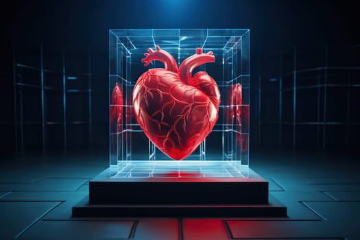 Red 3D human heart in a glass cube on a podium.
