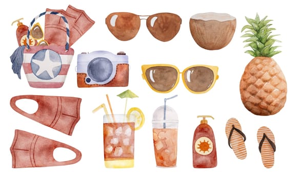 Hand-Painted Watercolor Set Of Images Includes Beach Bag, Flippers, Camera, Cocktail, And Other Summer Clipart