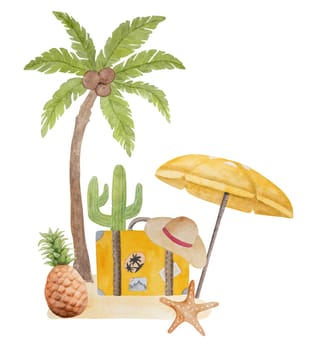 Hand-Painted Watercolor Summer Clipart Features An Island With A Palm Tree, Yellow Suitcase, And Beach Umbrella