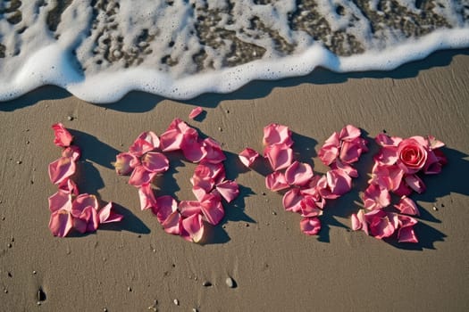 romantic beach of love rose petals on the coastline wide view pragma